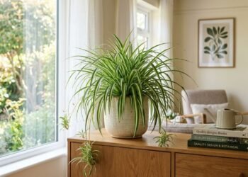 O clorofito (Chlorophytum comosum) libera vapor de água naturalmente pelas folhas e pode contribuir discretamente para a umidade do ambiente, sem substituir um umidificador