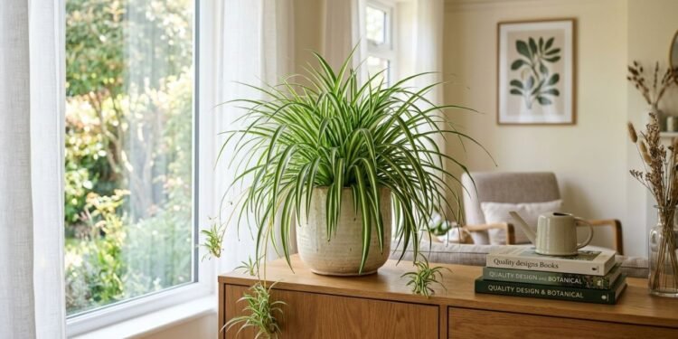O clorofito (Chlorophytum comosum) libera vapor de água naturalmente pelas folhas e pode contribuir discretamente para a umidade do ambiente, sem substituir um umidificador
