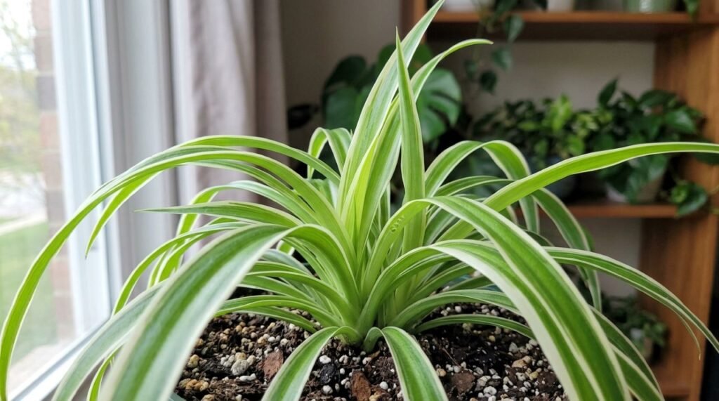 A imagem destaca as condições que favorecem a transpiração do clorofito (Chlorophytum comosum), com boa luminosidade, rega adequada e distância de correntes intensas de ar seco