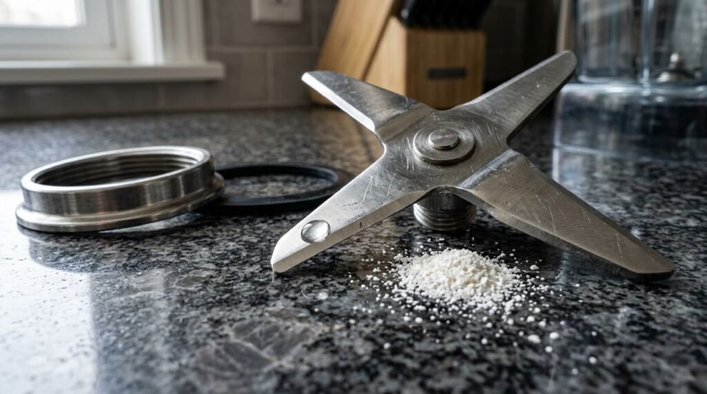 Detalhe do ângulo do fio de corte de uma lâmina metálica de aço inoxidável desmontada