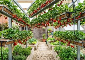 O morango hidropônico cultivado em estruturas suspensas aproveita melhor espaços pequenos e pode facilitar o manejo e a colheita