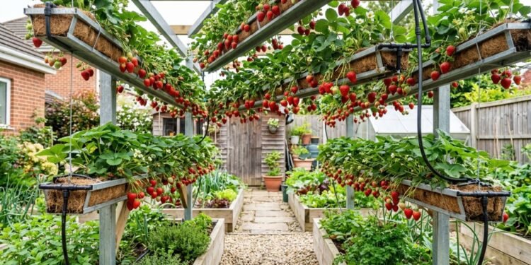 O morango hidropônico cultivado em estruturas suspensas aproveita melhor espaços pequenos e pode facilitar o manejo e a colheita