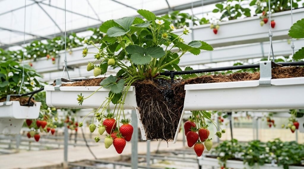 No cultivo semi-hidropônico, o morango recebe água e nutrientes por fertirrigação enquanto cresce em substrato mantido acima do solo