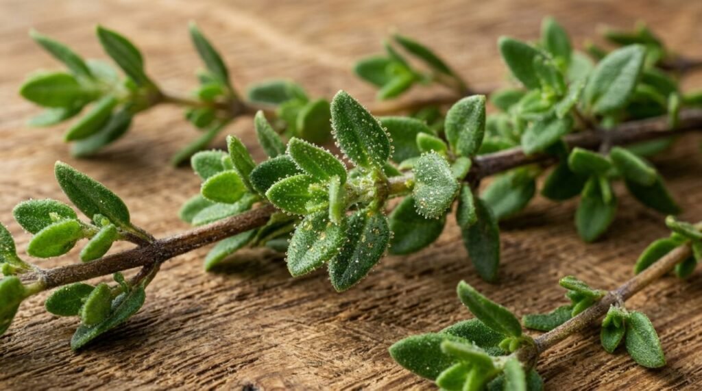 Detalhe botânico das folhas de tomilho Thymus vulgaris ricas em óleos essenciais