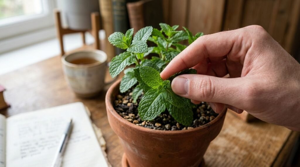 A imagem mostra como o contato leve com as folhas de hortelã-pimenta (Mentha × piperita) pode tornar o aroma mais perceptível, sem equiparar um vaso vivo às concentrações usadas em estudos controlados
