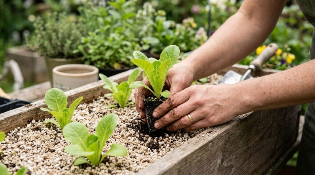 O transplante da alface funciona melhor quando as mudas estão vigorosas, o substrato permanece úmido sem encharcar e cada planta recebe espaço suficiente para crescer