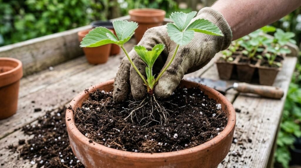 No cultivo de morango em vaso, manter a coroa no nível do substrato evita o enterramento excessivo e favorece o desenvolvimento da muda