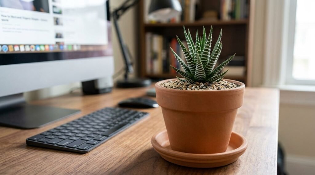 A imagem destaca os cuidados corretos com a planta-zebra (Haworthiopsis attenuata) perto de eletrônicos, priorizando substrato seco entre regas, boa drenagem e ausência de água acumulada