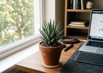 A planta-zebra (Haworthiopsis attenuata) combina porte compacto, baixa necessidade de regas e boa adaptação à luz indireta, tornando-se uma opção ornamental prática para mesas de trabalho