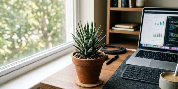 A planta-zebra (Haworthiopsis attenuata) combina porte compacto, baixa necessidade de regas e boa adaptação à luz indireta, tornando-se uma opção ornamental prática para mesas de trabalho