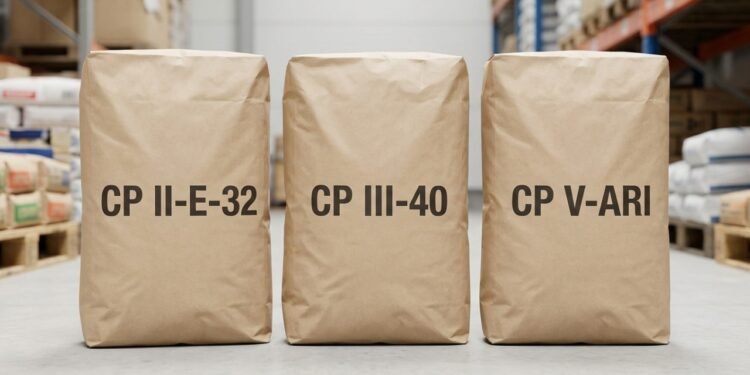 As letras CP identificam o produto como cimento Portland e são seguidas por outras informações