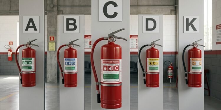 Cada letra está associada a uma classe de incêndio e ao material envolvido na combustão