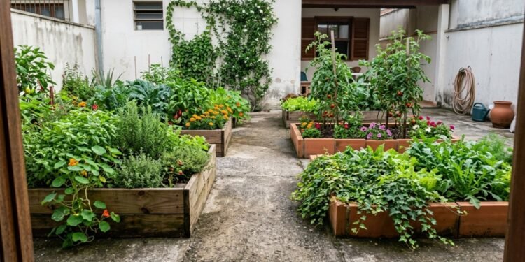 Os canteiros criam áreas de plantio onde antes havia apenas piso de concreto