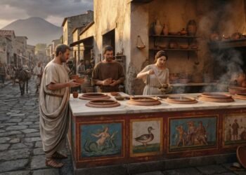O comércio de rua romano tinha balcões próprios, recipientes fixos e comida pronta