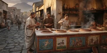 O comércio de rua romano tinha balcões próprios, recipientes fixos e comida pronta