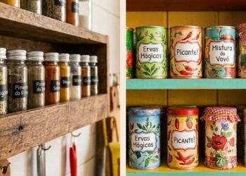 Essa ideia com latas reaproveitadas deixa os temperos organizados e a cozinha mais charmosa