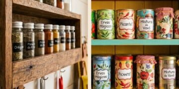 Essa ideia com latas reaproveitadas deixa os temperos organizados e a cozinha mais charmosa