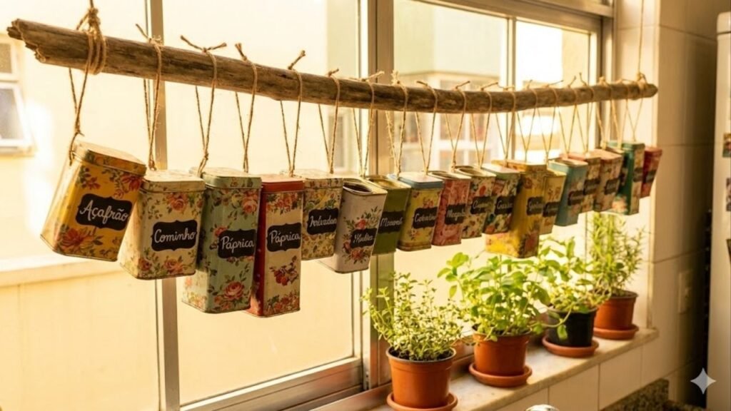 Essa ideia com latas reaproveitadas deixa os temperos organizados e a cozinha mais charmosa