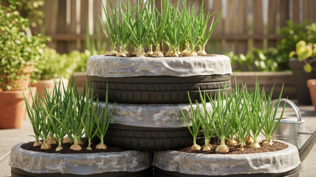 O cuidado essencial ao plantar cebola em pneus usados