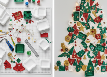 Reciclagem de bandeja de isopor árvore de Natal