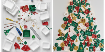 Reciclagem de bandeja de isopor árvore de Natal