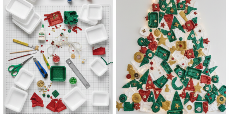 Reciclagem de bandeja de isopor árvore de Natal