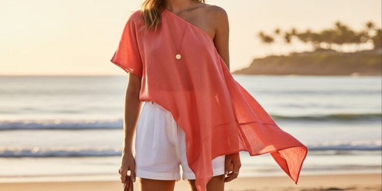 Uma mulher utilizando uma roupa no estilo "blusas de ombro único assimétricas" para o verão