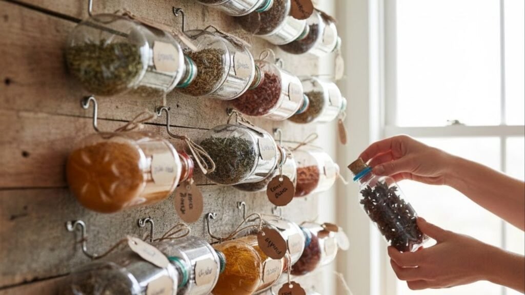 Porta-temperos feito com garrafas PET cortadas e presas na parede
