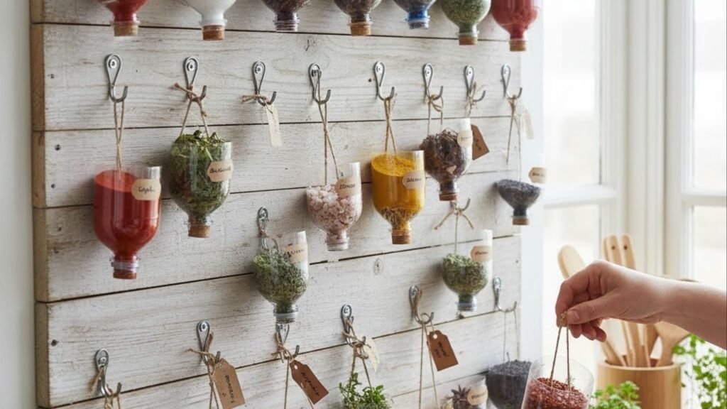 Porta-temperos feito com garrafas PET cortadas e presas na parede