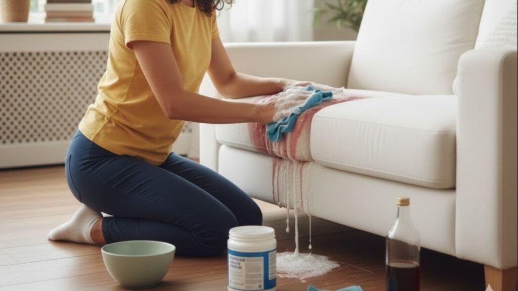 Sofás manchados estão sendo recuperados com essa mistura simples de cozinha