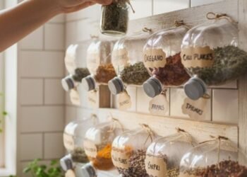 Porta-temperos feito com garrafas PET cortadas e presas na parede