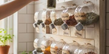 Porta-temperos feito com garrafas PET cortadas e presas na parede