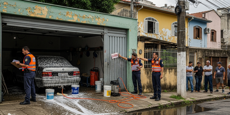 Garagem vira lava-rápido clandestino e fiscalização chega primeiro que os clientes