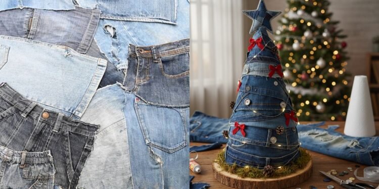Se você tiver um par de calças jeans velhas e rasgadas, crie uma árvore de Natal original e estilosa