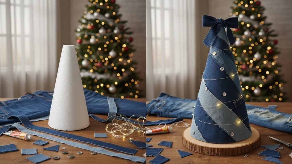 Se você tiver um par de calças jeans velhas e rasgadas, crie uma árvore de Natal original e estilosa