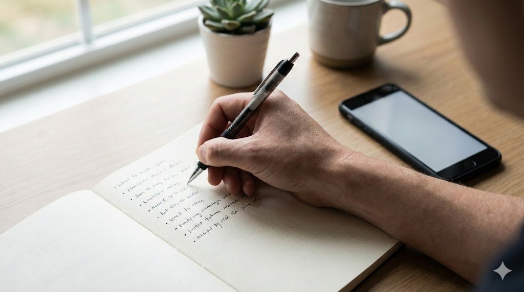 Close-up da mão de um adulto escrevendo com uma caneta esferográfica em um caderno de papel aberto sobre uma mesa de madeira clara. O foco da imagem está na ação da escrita manual. Um smartphone preto com a tela desligada está pousado ao lado direito, levemente fora de foco, enfatizando a desconexão digital e a concentração no planejamento. A cena possui iluminação natural suave, transmitindo uma sensação de calma e organização.