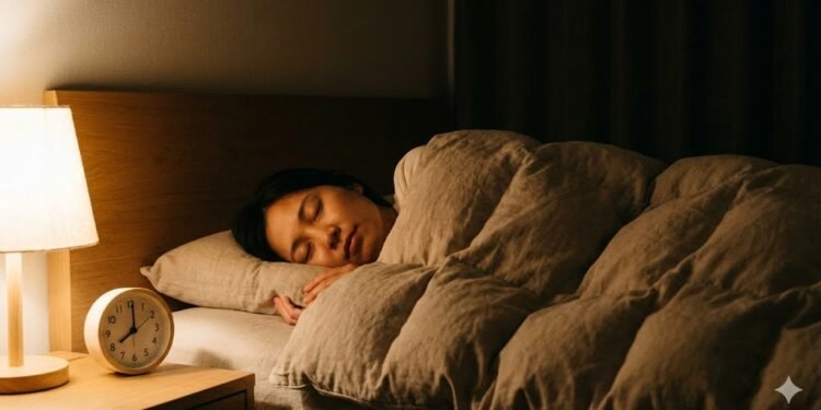Fotografia realista de uma pessoa adulta dormindo tranquilamente em um quarto escuro e silencioso à noite. A iluminação é suave e quente, vinda de um abajur lateral. Em primeiro plano, sobre a mesa de cabeceira, um relógio visível marca 22h00. A cena transmite conforto, calma e sono profundo, sem a presença de eletrônicos