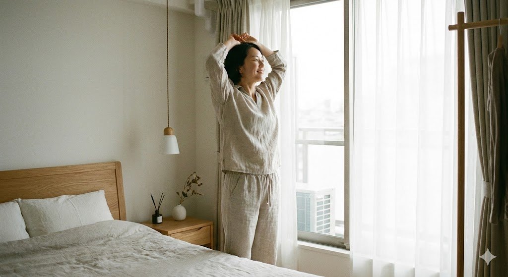 Uma mulher usando um conjunto de pijama de linho bege se espreguiça com os braços levantados atrás da cabeça, sorrindo suavemente enquanto olha para fora de uma grande janela. Ela está em pé em um quarto minimalista e tranquilo, iluminado pela luz natural da manhã, com uma cama de madeira e cortinas transparentes.