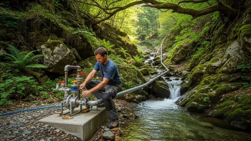 Homem sem acesso à luz elétrica consegue levar água até o topo da propriedade usando uma bomba que só depende da força da água corrente