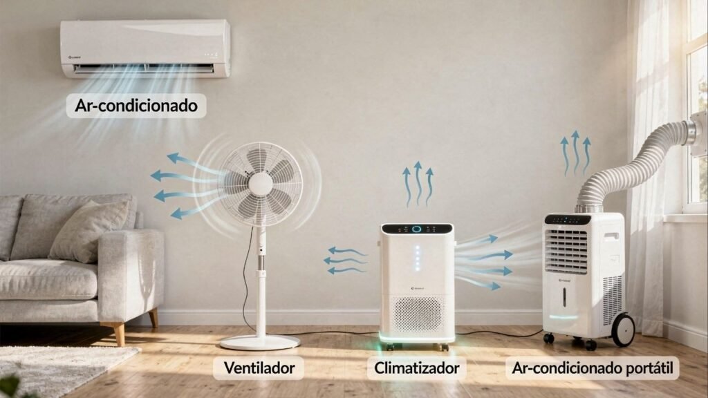 Quer se livrar do calor sem explodir a conta de luz? Veja o que realmente funciona em cada ambiente e o que só gasta energia