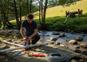 Homem sem acesso à luz elétrica consegue levar água até o topo da propriedade usando uma bomba que só depende da força da água corrente