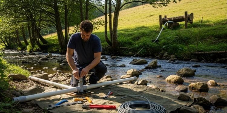 Homem sem acesso à luz elétrica consegue levar água até o topo da propriedade usando uma bomba que só depende da força da água corrente