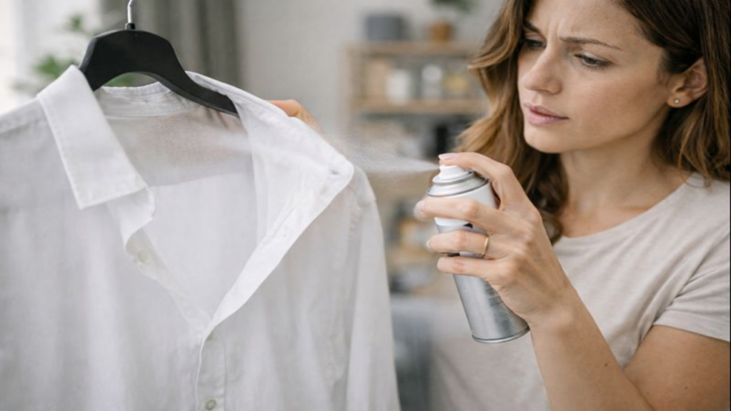 Usar spray de cabelo para proteger a roupa do make