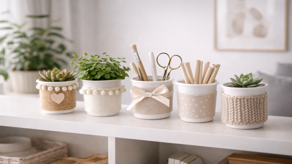 Potes de iogurte podem virar vasos, organizadores e peças decorativas