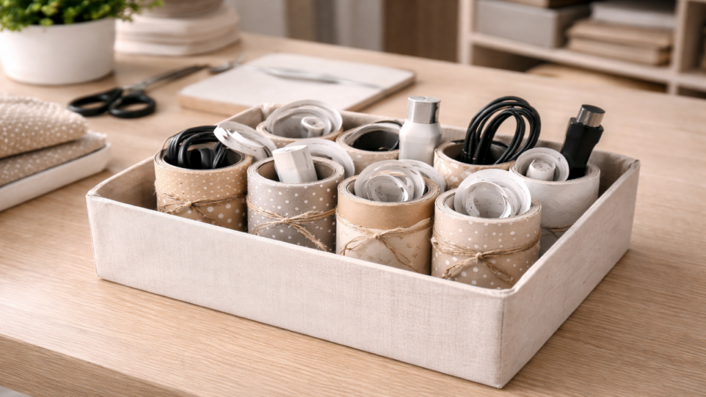 Tubos de papel viram organizador de cabos eficiente