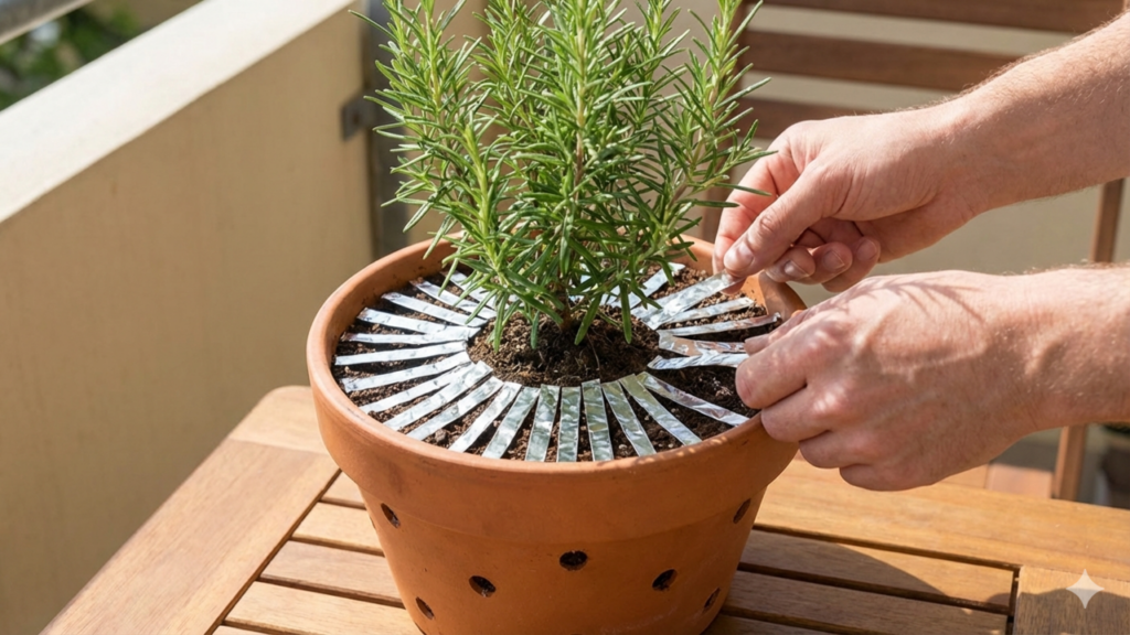 O que o papel alumínio faz no vaso de alecrim