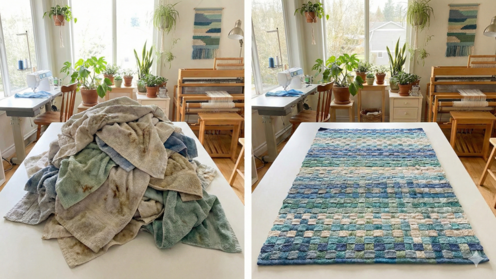 Toalhas velhas viram tapete de banheiro prático e bonito