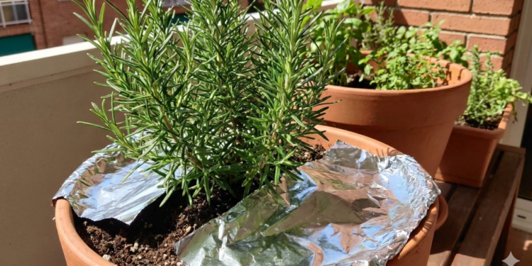 O que o papel alumínio faz no vaso de alecrim