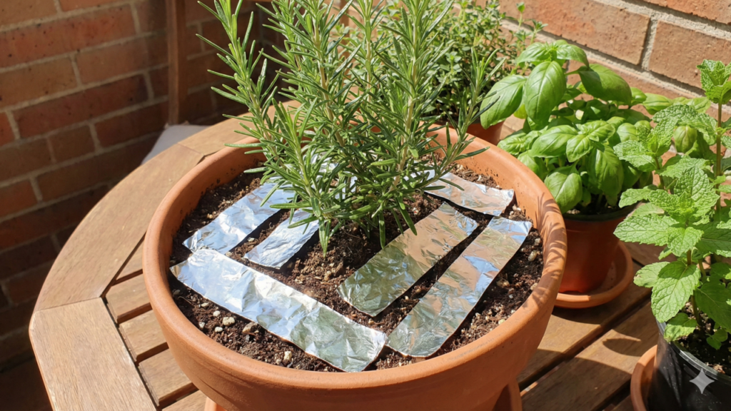 O que o papel alumínio faz no vaso de alecrim