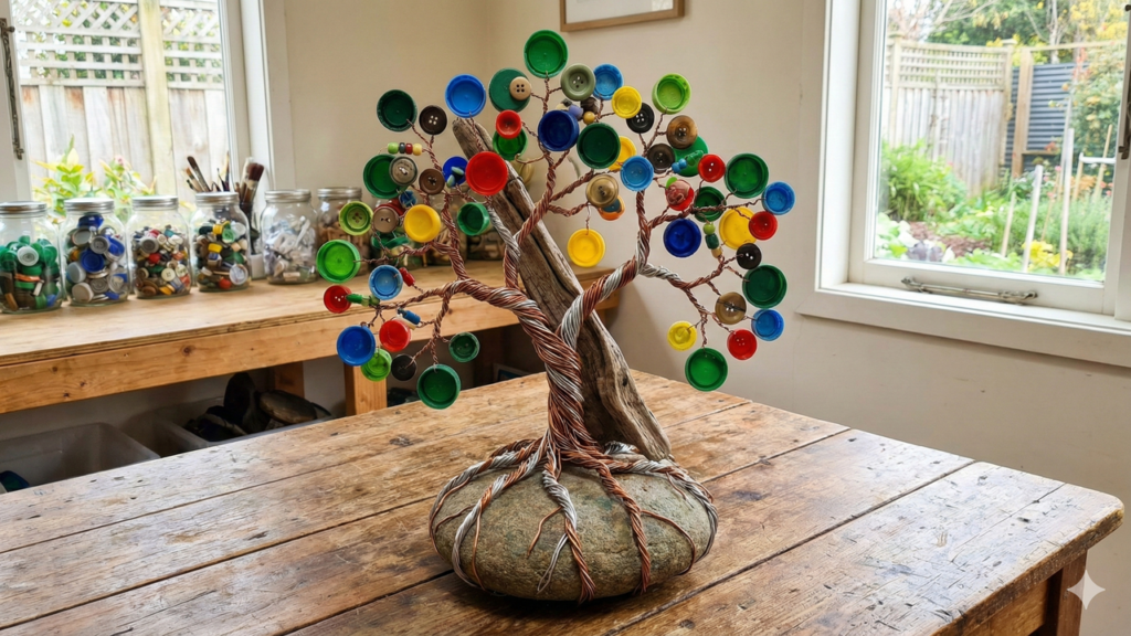 Árvore da vida reciclada une arte e sustentabilidade